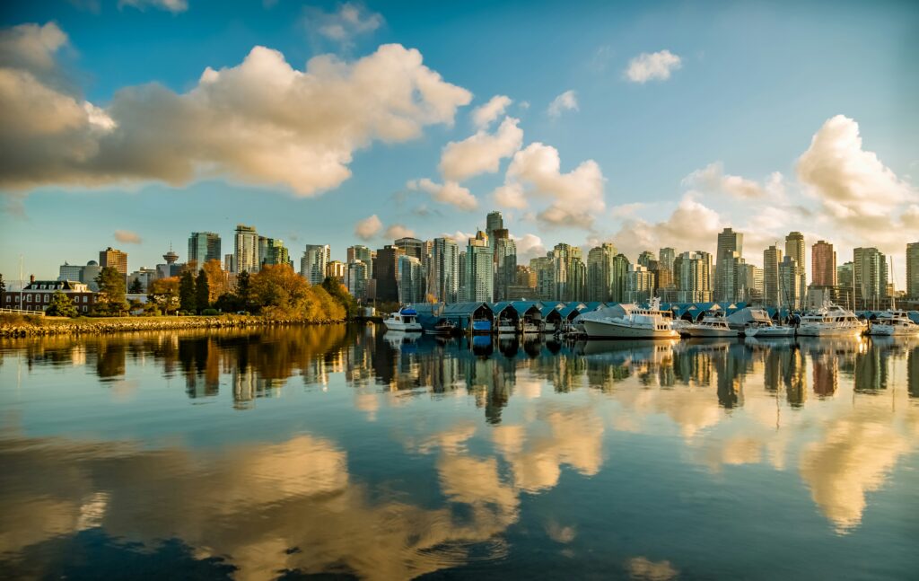 City skyline reflected in calm water